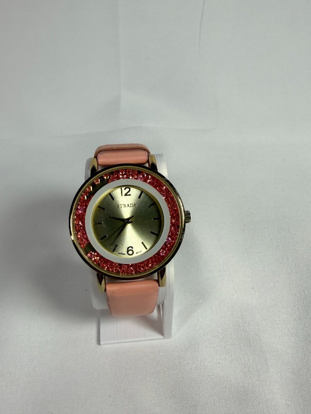 Strada Women's Pink Rhinestone Bezel Watch Gold Tone Case Pink Band